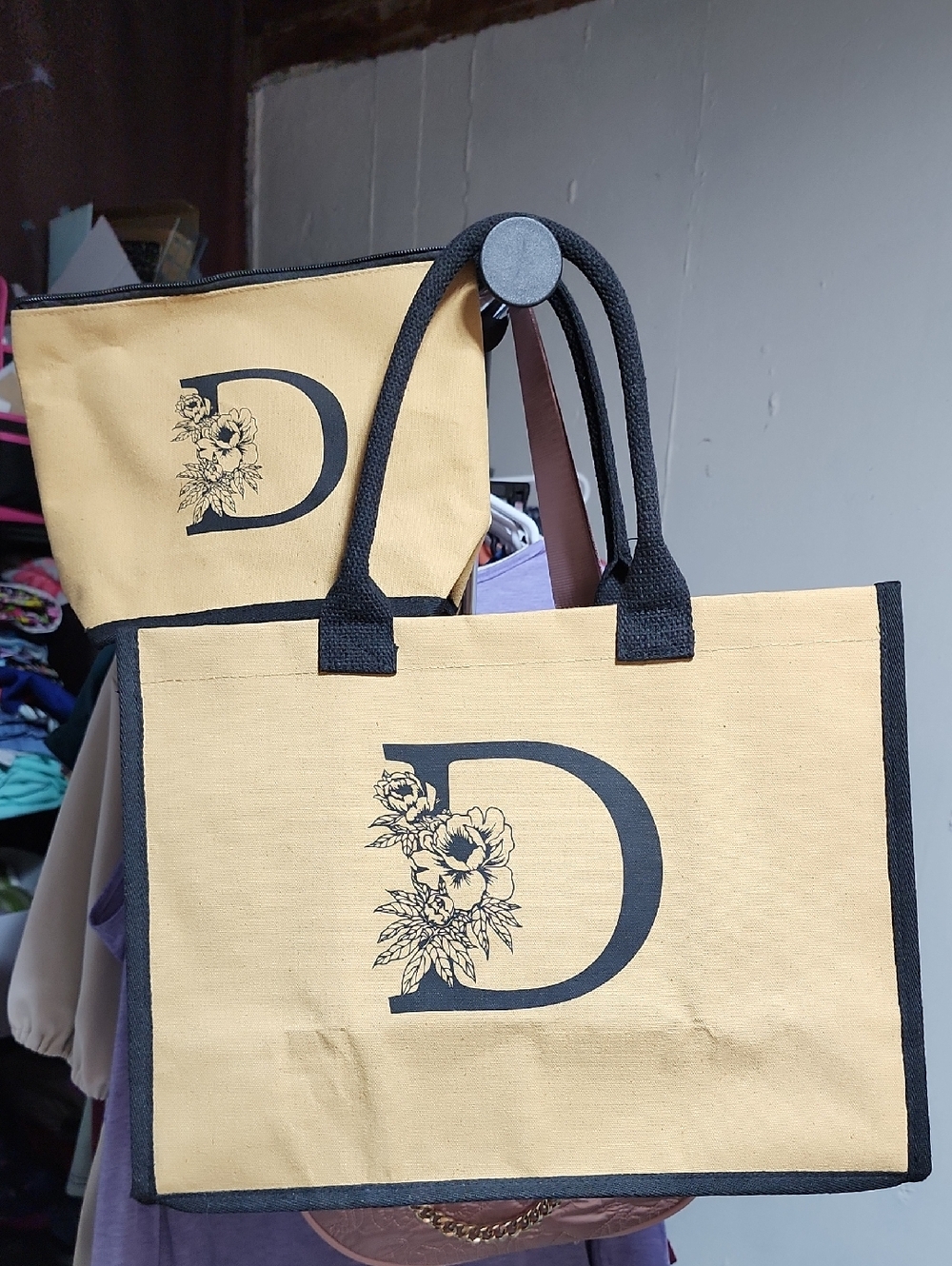 Monogram D Floral  Tote & Pouch Bag